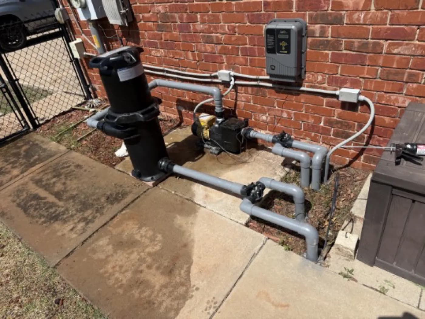 Rebuilt pool equipment pad with a new pump, filter, and clean plumbing in Oklahoma City